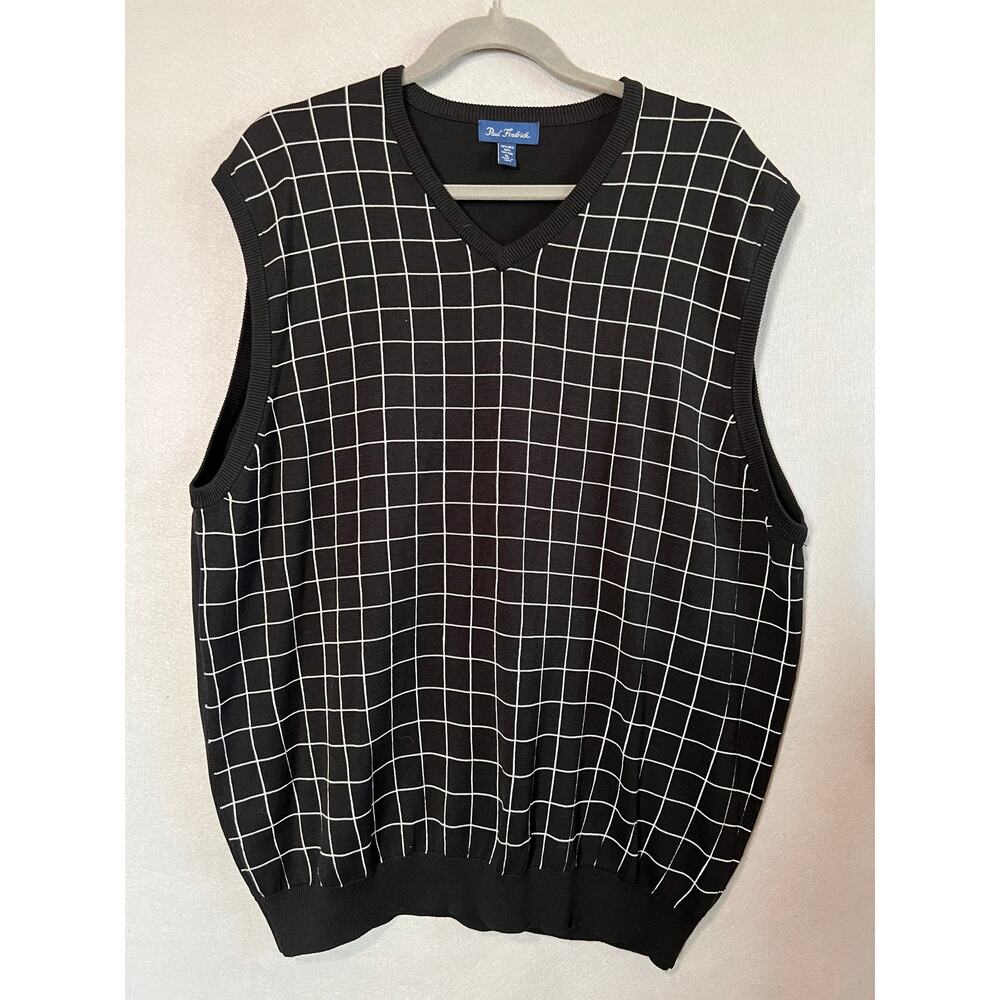 Paul Fredrick Men's XL Black White Windowpane Silk Cotton Sweater Vest V-Neck